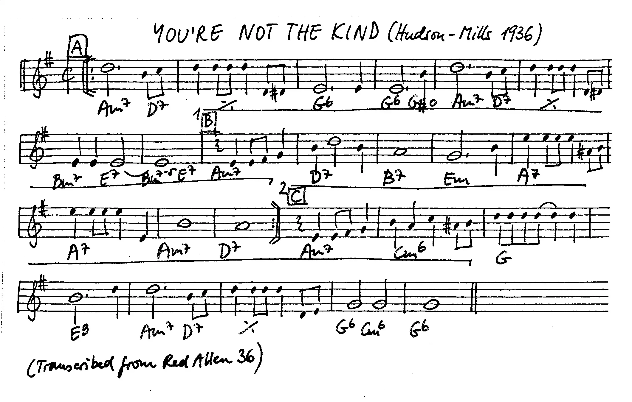 you're not the kind free jazz leadsheet - Courtesy of the Jungle Jazz Band